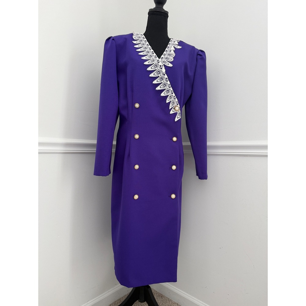 80s Vintage Purple Power Dress with‎ Lace Trim Secretary Core Torino Fashions XL